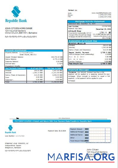 Realistic Barbados Republic Bank mortgage statement scr real example